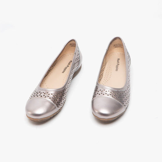 Hush Puppies LEAH Ladies Leather Ballerina Pumps Pewter - Shuperb