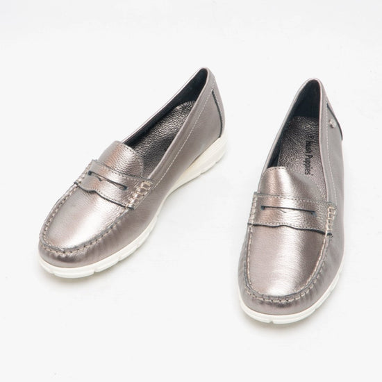 Hush Puppies PAIGE Ladies Leather Loafers Silver - Shuperb