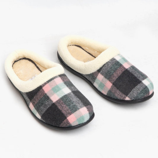 HOS Comfort SOPHIE Ladies Teddy Lined Checked Mules Grey - Shuperb