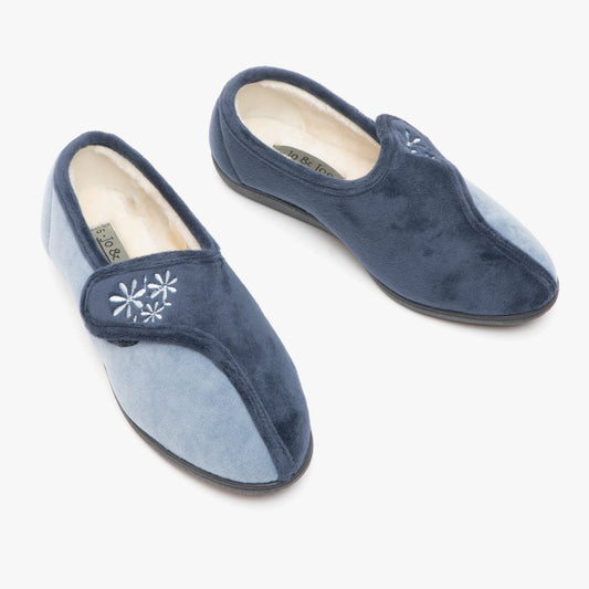 Jo & Joe DAHLIA Ladies Velour Full Slippers Navy - Shuperb