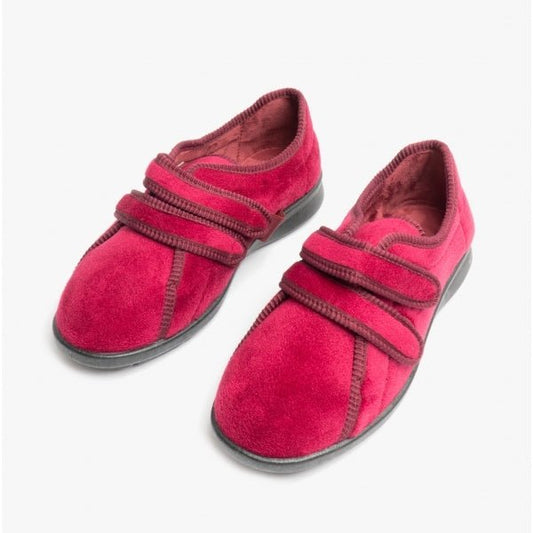 DB Shoes EUNICE Ladies Extra Wide (2E/4E) Touch Fasten Full Slippers Burgundy - Shuperb