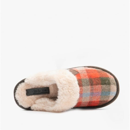 Jo & Joe SHETLAND Ladies Mule Slippers Brown Tartan - Shuperb