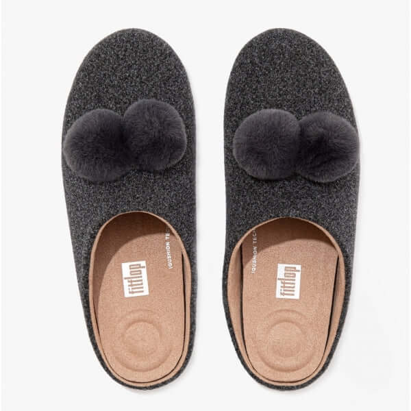 FitFlop CHRISSIE POM POM Ladies Mule Slippers Pewter Grey - Shuperb