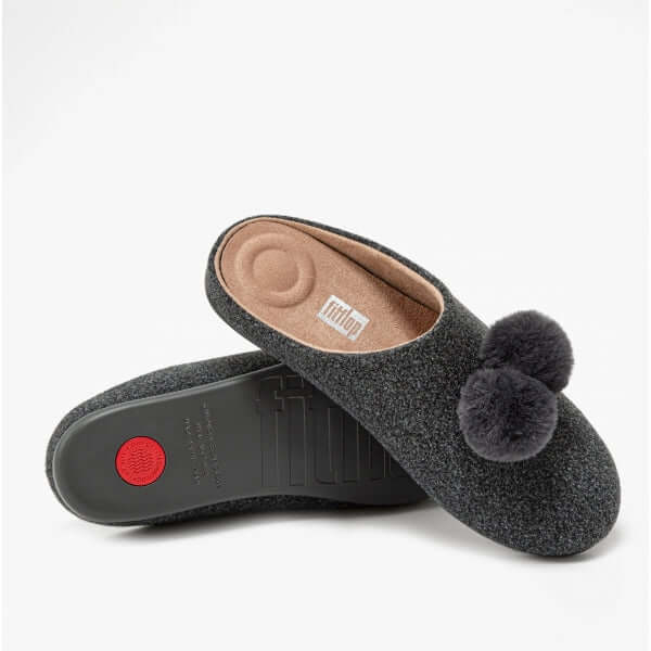 FitFlop CHRISSIE POM POM Ladies Mule Slippers Pewter Grey - Shuperb