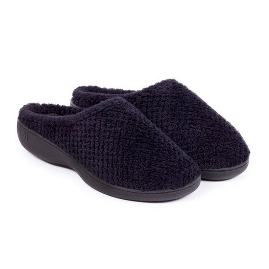 Totes Isotoner POPCORN TERRY Ladies Mule Slippers Black - Shuperb