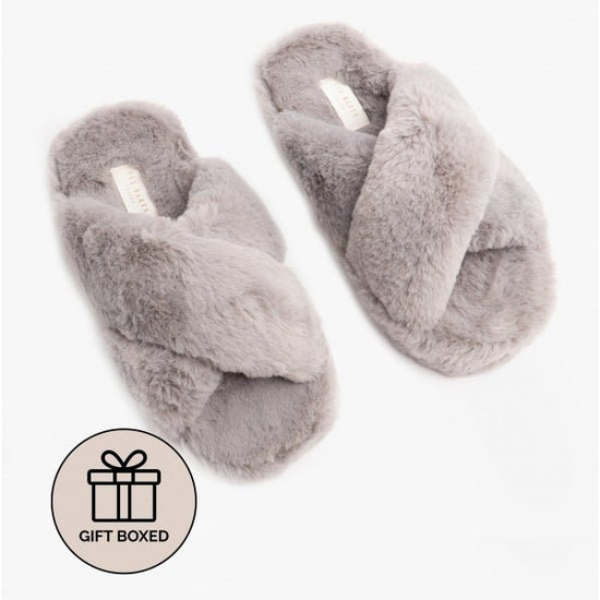 Ted Baker LOPPLY Ladies Faux Fur Cross Over Slippers Light Grey - Shuperb