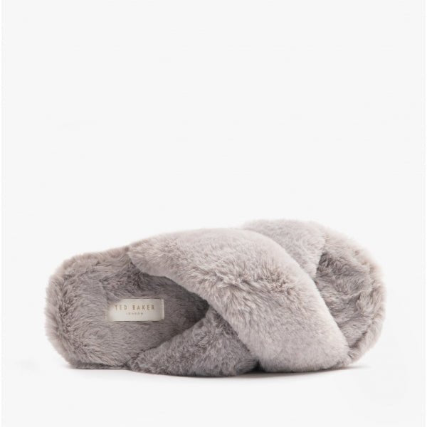 Ted Baker LOPPLY Ladies Faux Fur Cross Over Slippers Light Grey - Shuperb