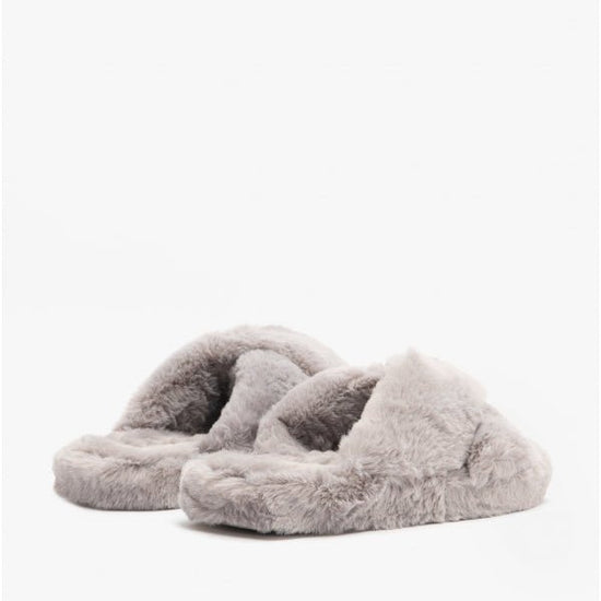 Ted Baker LOPPLY Ladies Faux Fur Cross Over Slippers Light Grey - Shuperb