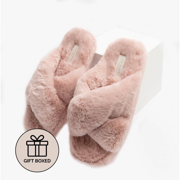 Ted Baker LOPPLY Ladies Faux Fur Cross Over Slippers Dusky Pink - Shuperb