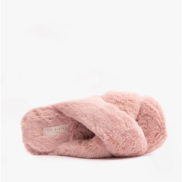 Ted Baker LOPPLY Ladies Faux Fur Cross Over Slippers Dusky Pink - Shuperb