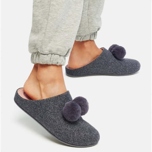 FitFlop CHRISSIE POM POM Ladies Mule Slippers Pewter Grey - Shuperb