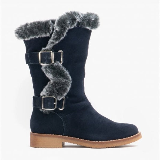 Hush Puppies MEGAN Ladies Suede Mid - Calf Boots Navy - Shuperb