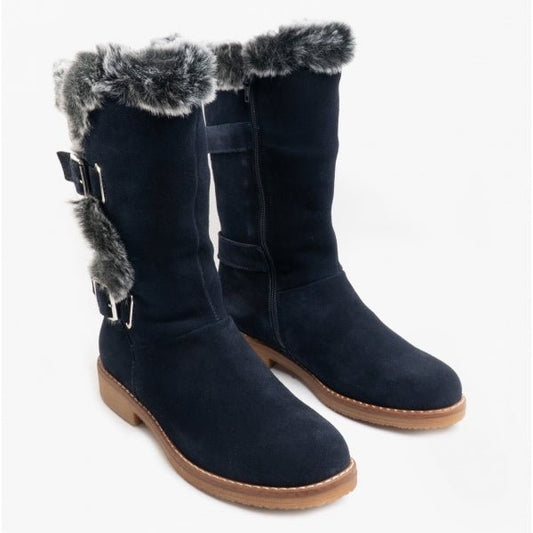 Hush Puppies MEGAN Ladies Suede Mid - Calf Boots Navy - Shuperb