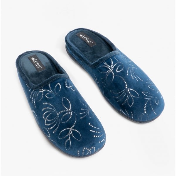 Lotus ELIZABETH Ladies Velour Mule Slippers Navy - Shuperb