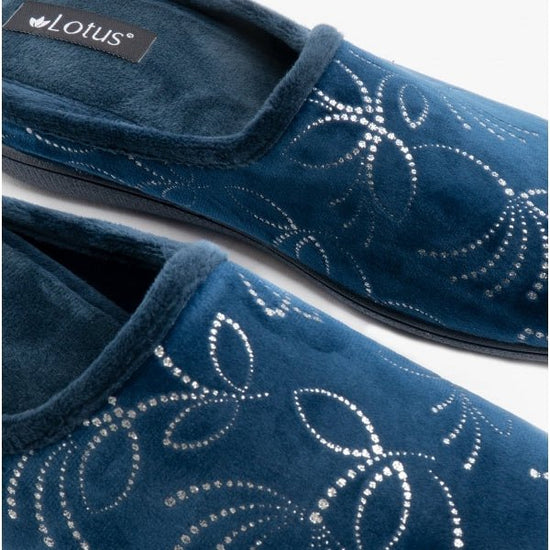 Lotus ELIZABETH Ladies Velour Mule Slippers Navy - Shuperb