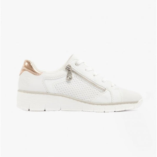 Rieker 53703 - 80 Ladies Leather Lace - Up Trainers White/Rose Gold - Shuperb