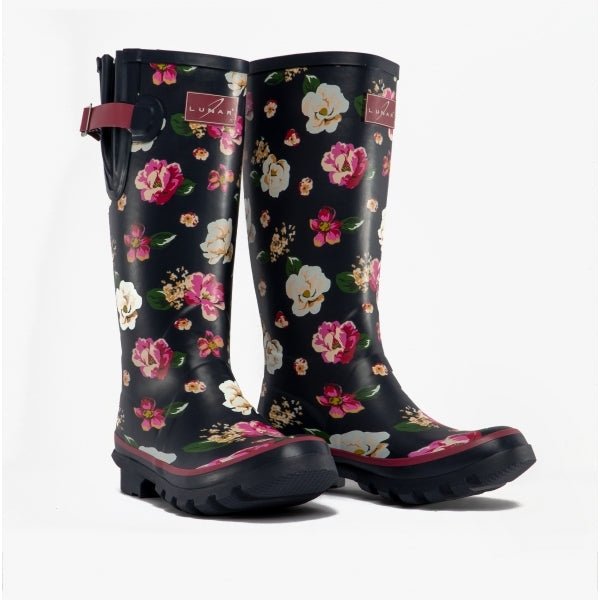 Lunar GARDEN FLORAL Ladies Rubber Wellingtons Navy - Shuperb