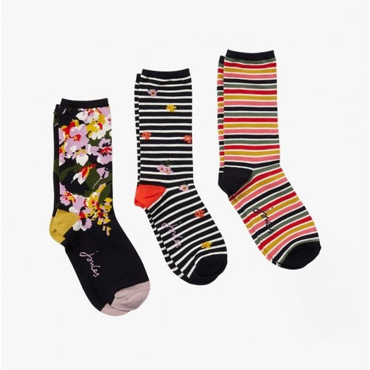 Joules EXCELLENT EVERYDAY 3PK Ladies Socks French Navy Floral: UK 4 - 8 - Shuperb