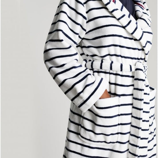 Joules RITA Ladies Dressing Gown White/Navy Stripe - Shuperb