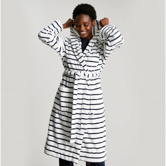 Joules RITA Ladies Dressing Gown White/Navy Stripe - Shuperb