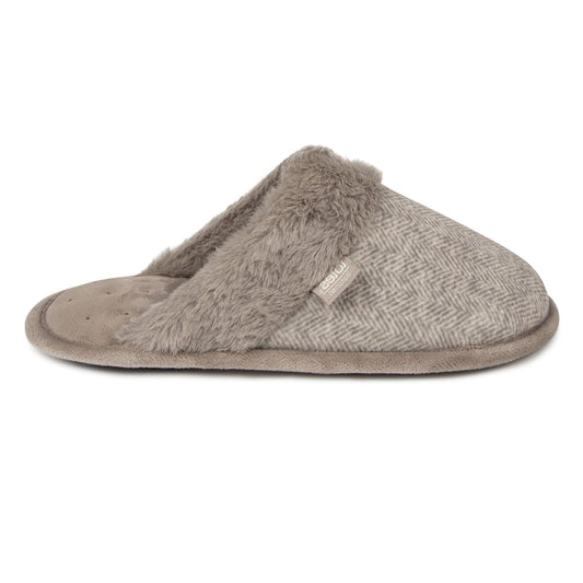 Totes Isotoner HERRINGBONE VELOUR MULE WITH FUR CUFF Ladies Mule Slippers Beige - Shuperb