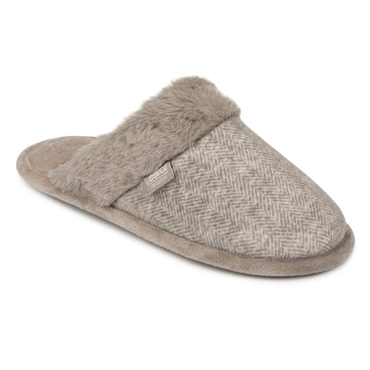 Totes Isotoner HERRINGBONE VELOUR MULE WITH FUR CUFF Ladies Mule Slippers Beige - Shuperb