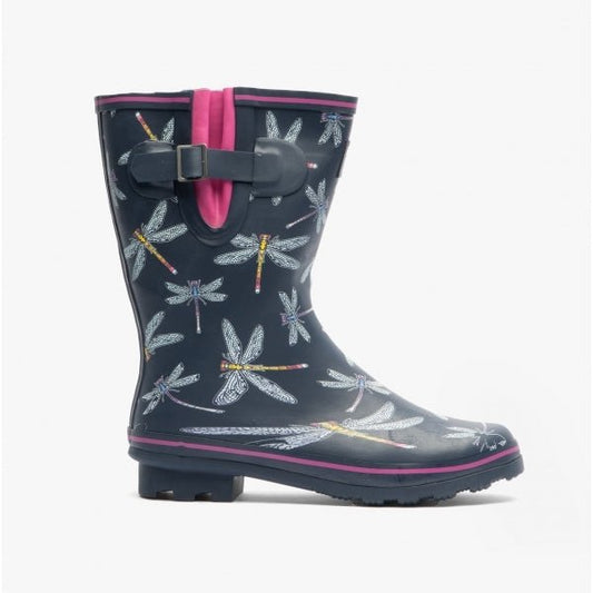 Heavenly Feet MARVEL Ladies Rubber Mid Calf Wellies Navy/Pink Dragonfly - Shuperb