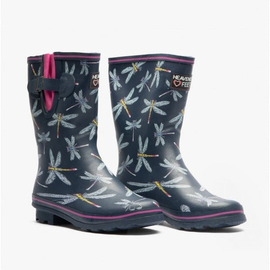 Heavenly Feet MARVEL Ladies Rubber Mid Calf Wellies Navy/Pink Dragonfly - Shuperb