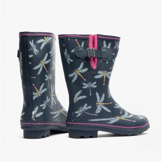 Heavenly Feet MARVEL Ladies Rubber Mid Calf Wellies Navy/Pink Dragonfly - Shuperb