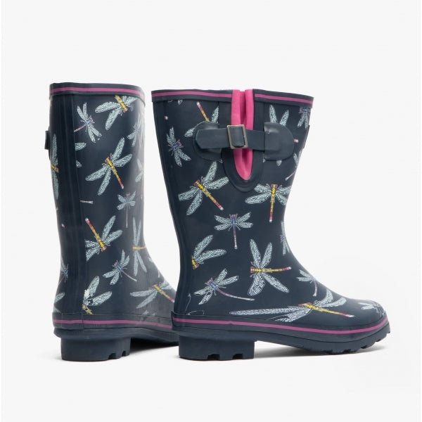 Heavenly Feet MARVEL Ladies Rubber Mid Calf Wellies Navy/Pink Dragonfly - Shuperb