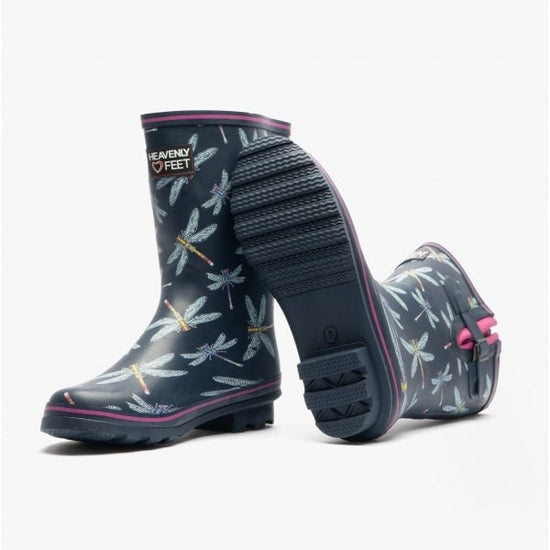 Heavenly Feet MARVEL Ladies Rubber Mid Calf Wellies Navy/Pink Dragonfly - Shuperb