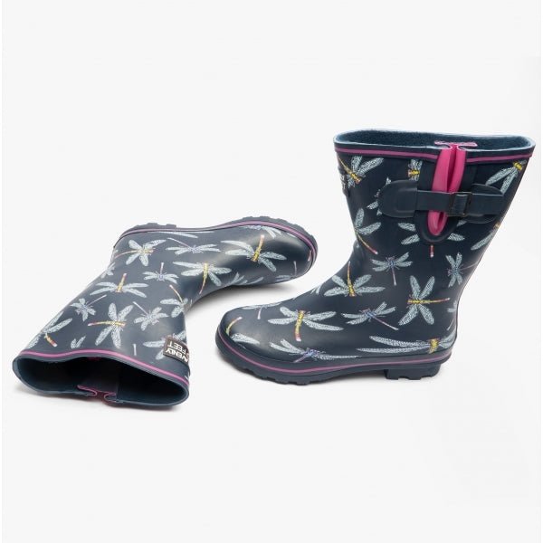 Heavenly Feet MARVEL Ladies Rubber Mid Calf Wellies Navy/Pink Dragonfly - Shuperb