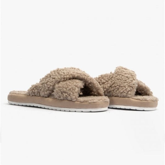 Skechers COZY SLIDE Ladies Slippers Taupe/Natural - Shuperb