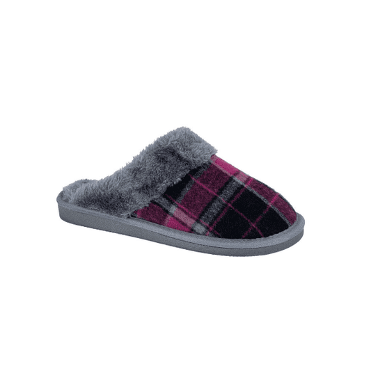 Sleepers MIA Ladies Tartan Textile Mule Slippers Purple/Grey - Shuperb