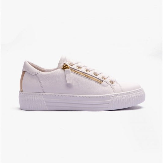 Gabor CAMPUS Ladies Wide Platform Leather Trainers White/Gold - Shuperb