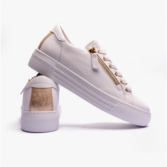 Gabor CAMPUS Ladies Wide Platform Leather Trainers White/Gold - Shuperb