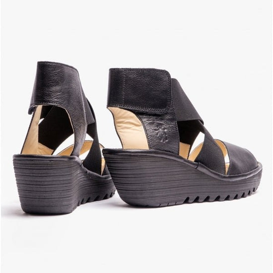 Fly London YUBA385FLY Crossover Wedge Ladies Sandals Black - Shuperb