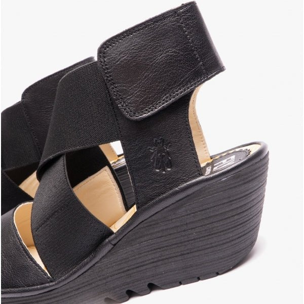 Fly London YUBA385FLY Crossover Wedge Ladies Sandals Black - Shuperb