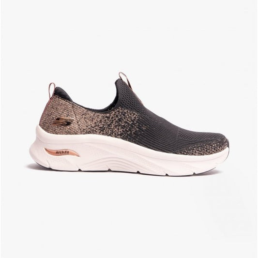 Skechers ARCH FIT D'LUX - GLIMMER DUST Ladies Slip - On Trainers Black/Rose Gold - Shuperb