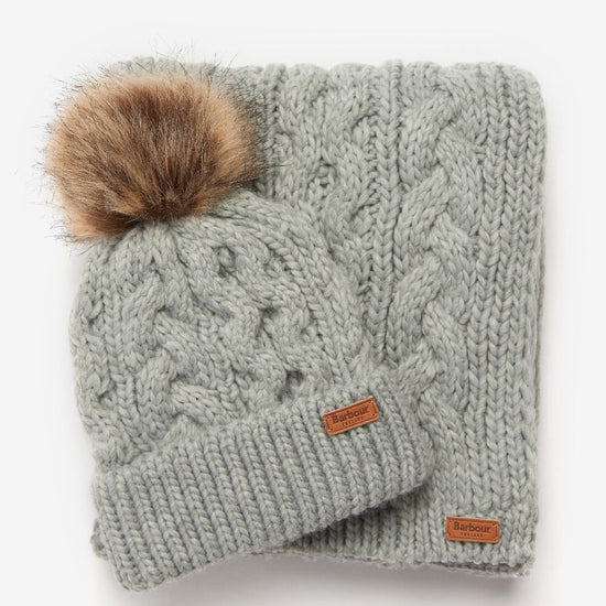 Barbour PENSHAW BEANIE & SCARF Womens Gift Set Grey - Shuperb