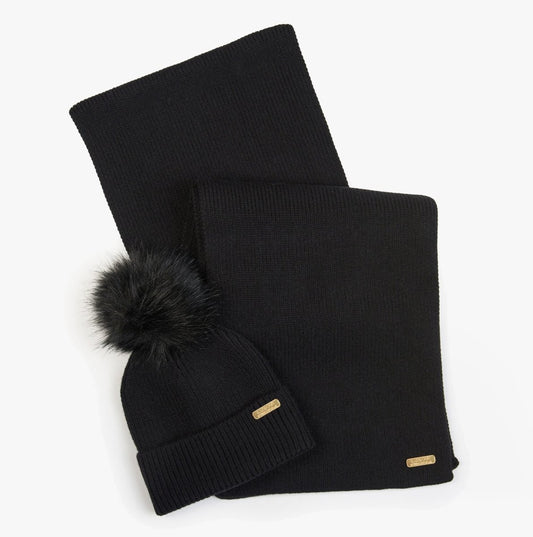 Barbour MALLORY BEANIE & SCARF Womens Gift Set Black - Shuperb