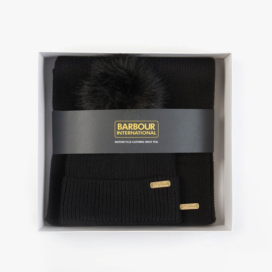 Barbour MALLORY BEANIE & SCARF Womens Gift Set Black - Shuperb