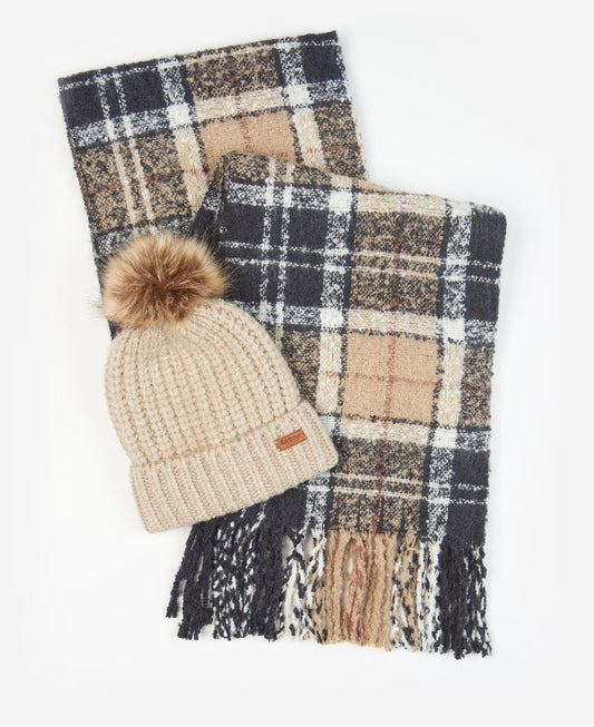 Barbour SALTBURN BEANIE & TARTAN SCARF Womens Gift Set Rosewood - Shuperb