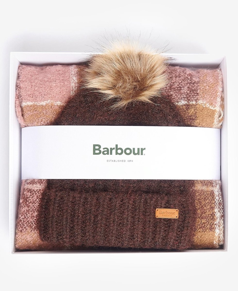 Barbour SALTBURN BEANIE & TARTAN SCARF Womens Gift Set Chocolate - Shuperb