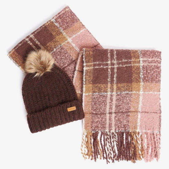 Barbour SALTBURN BEANIE & TARTAN SCARF Womens Gift Set Chocolate - Shuperb