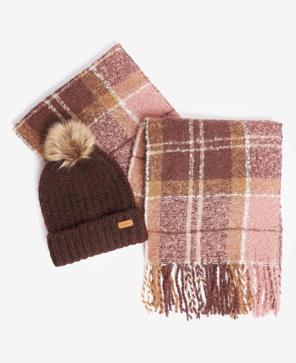 Barbour SALTBURN BEANIE & TARTAN SCARF Womens Gift Set Chocolate - Shuperb