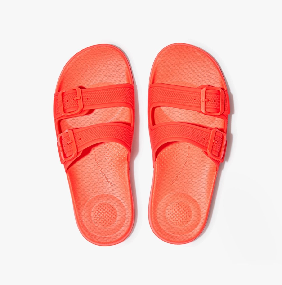 FitFlop iQUSHION TWO - BAR BUCKLE SLIDES Ladies Neon Orange - Shuperb