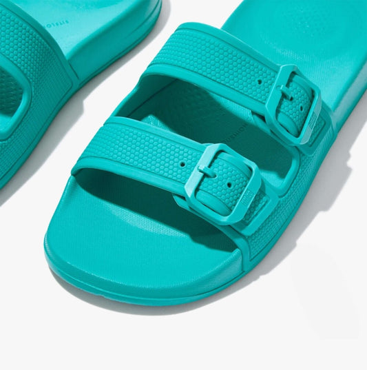 FitFlop iQUSHION TWO - BAR BUCKLE SLIDES Ladies Tahiti Blue - Shuperb