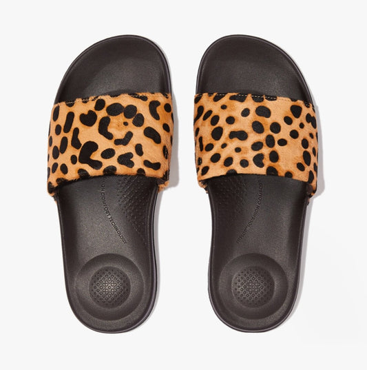 FitFlop iQUSHION Ladies Hair - On Leather Sliders Leopard - Shuperb