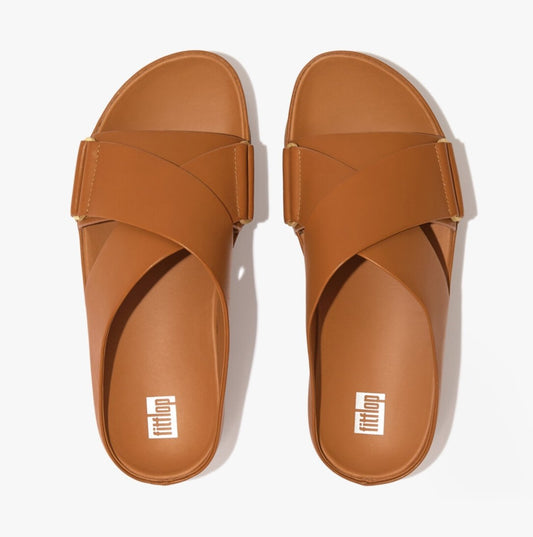 FitFlop SHUV Ladies Crossover Leather Sliders Light Tan - Shuperb